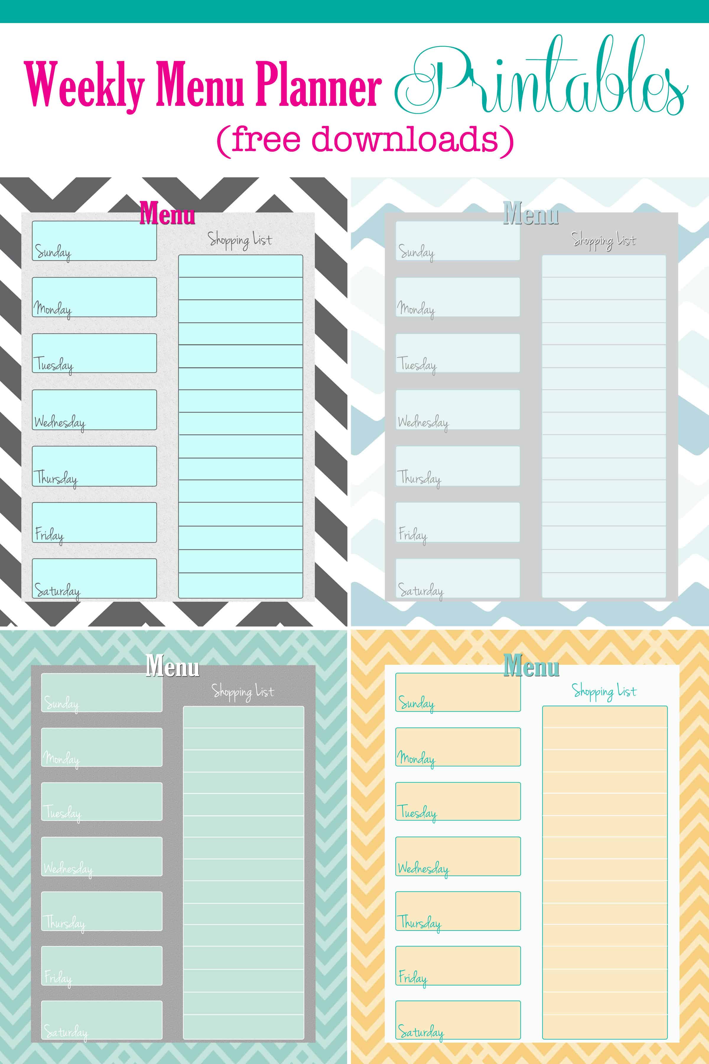 FREE Weekly Menu Planner Printable (4 Colors) Cupcake Diaries