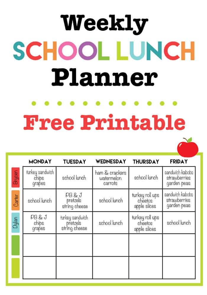 Weekly School Lunch Printable